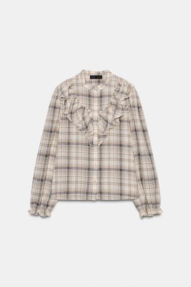 Zara PLAID RUFFLE SHIRT - Ecru / Brown