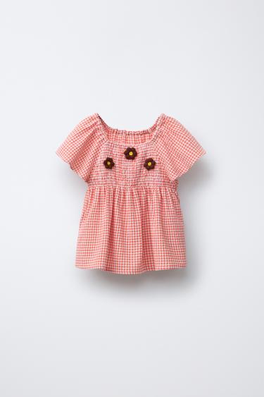 GINGHAM FLORAL BLOUSE - Red / Orange by Zara - Image 0