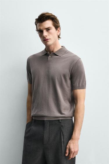 VASKET STRIKKET POLOSHIRT - mellemgrå fra Zara