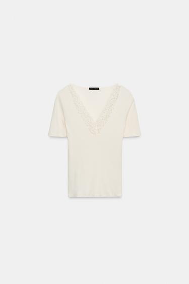 CAMISETA RIB ENCAJE - Blanco roto de Zara
