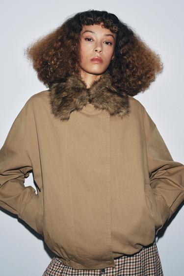 FAUX FUR COLLAR BOMBER JACKET ZW COLLECTION - Dark camel by Zara - Image 3