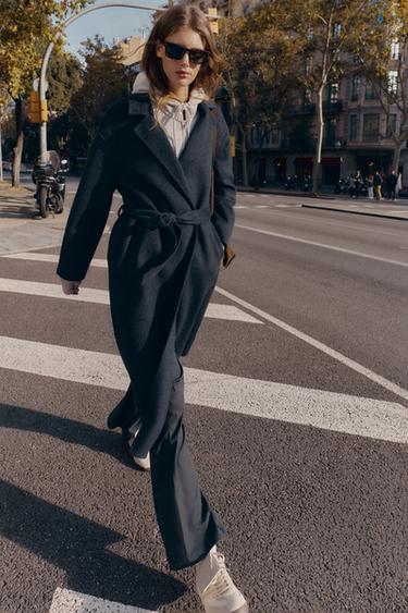 Zara LONG WOOL COAT WITH BELT - Dark gray
