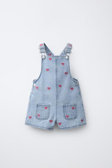 EMBROIDERED HEART DENIM SHORT DUNGAREES - Blue by Zara - Image 0