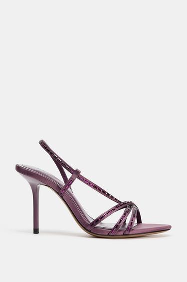 Zara 交叉絆帶水鑽高跟涼鞋 - 深紫色