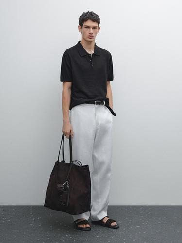 Zara 100% linen knit polo shirt - Navy blue - Image 0
