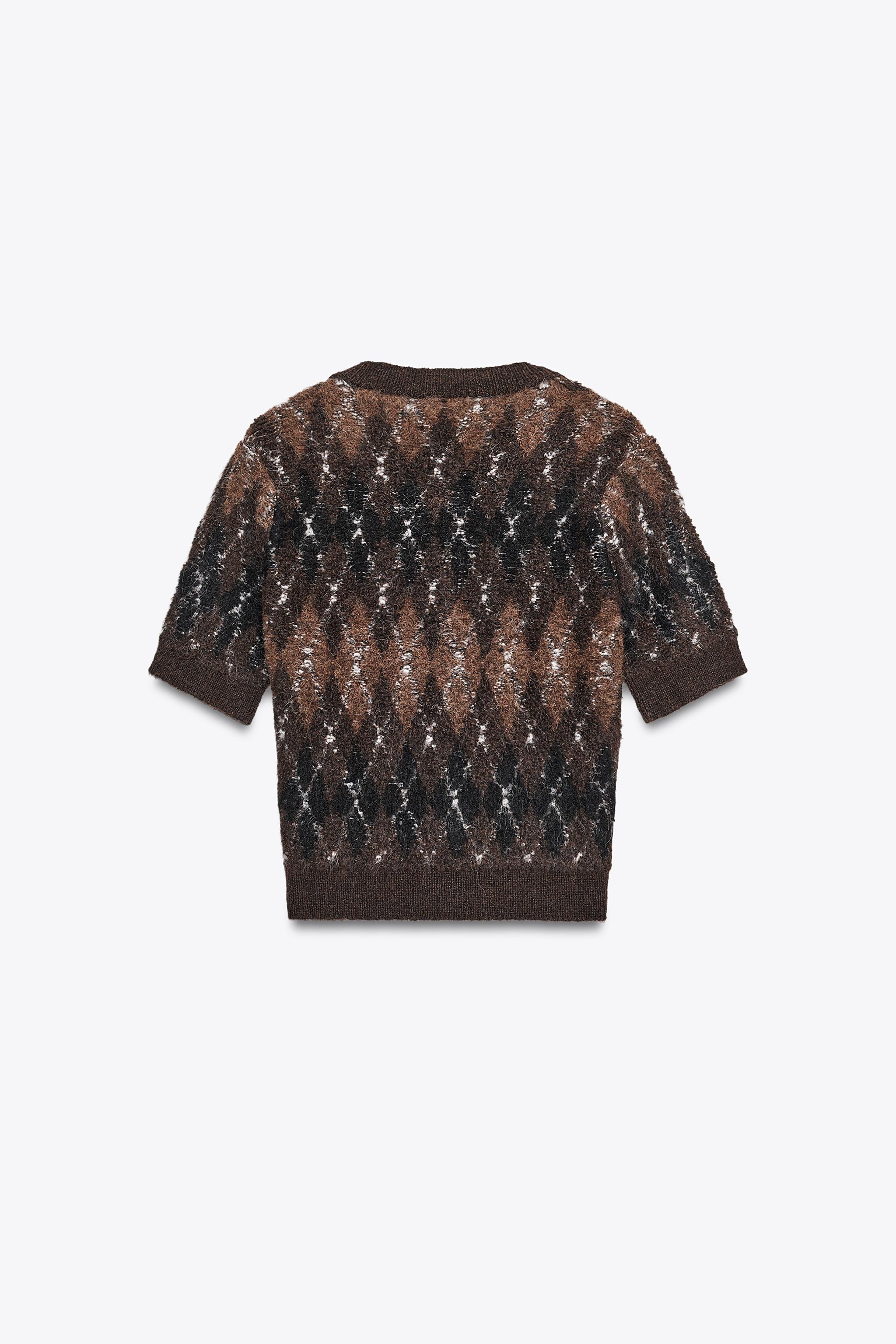 SHORT SLEEVE ARGYLE KNIT CARDIGAN - Brown | ZARA United States