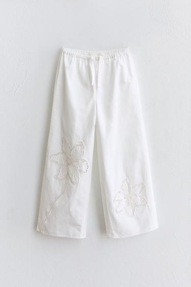 Zara EMBROIDERED FLORAL STRAIGHT-LEG PANTS - White