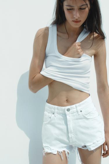 PANTALONS CURTS DENIM TRF CURVED DE TIR LLARG - Blanc de Zara