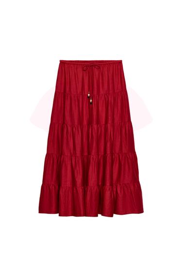 GATHERED LINEN BLEND MIDI SKIRT - Burgundy by Zara