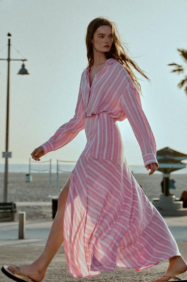 Zara STRIPED LINEN MIDI SKIRT - Pink / White
