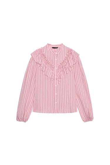 Front view of a pink striped shirt with ruffles on the chest, a high collar, long sleeves with elastic, and a front button closure.