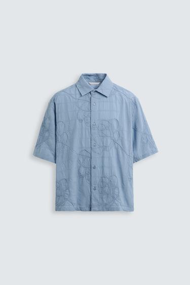 Zara EMBROIDERED JACQUARD SHIRT - Light blue