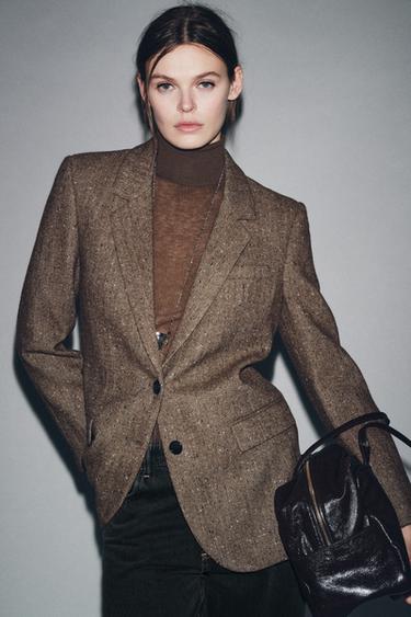 Zara HERRINGBONE WOOL BLAZER ZW COLLECTION - Light brown