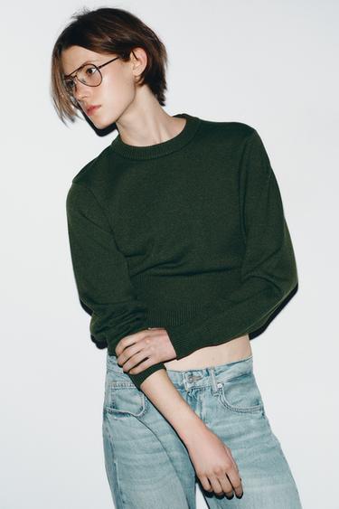 CROPPED PLAIN KNIT JUMPER - Dark khaki by Zara - Image 1