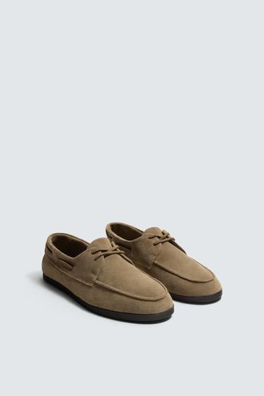 Zara LEATHER BOAT SHOES - Taupe Gray