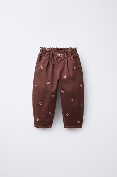 EMBROIDERED FLORAL TWILL BALLOON TROUSERS - Burgundy by Zara - Image 0