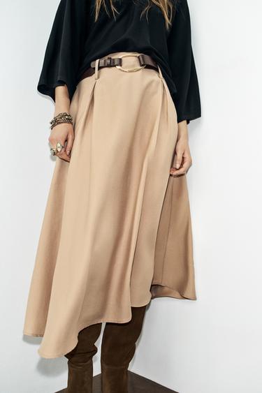 BELTED MIDI FLARED SKIRT - Mid-camel by Zara