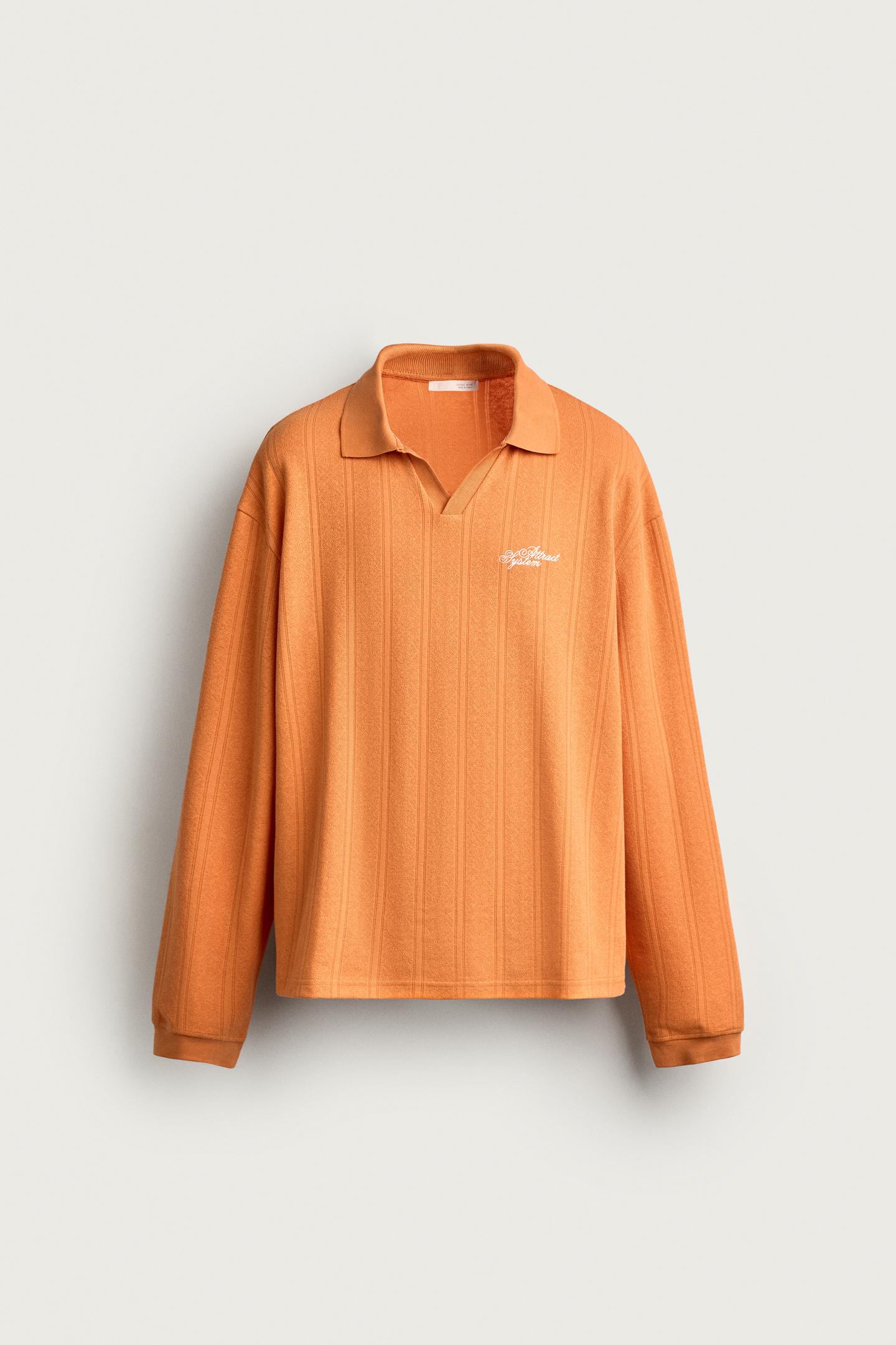 Мужское поло Zara Embroidered Text Jacquard Polo, цвет: Оранжевый — фото 6