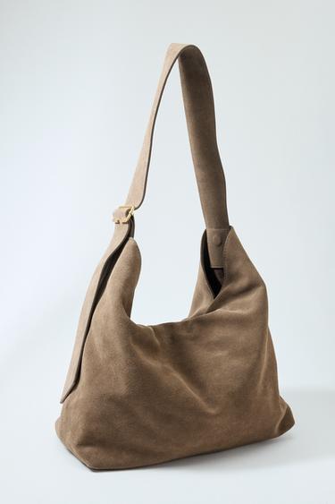 Zara LEATHER MAXI BUCKET BAG WITH RING DETAIL - Brown