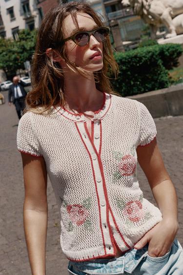 CARDIGAN WITH EMBROIDERED FLOWERS - Ecru by Zara - Image 4