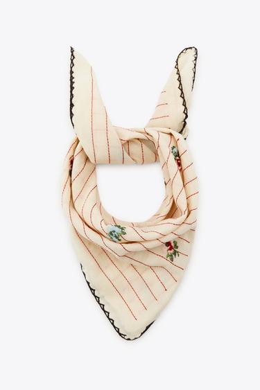 STRIPED SCARF WITH EMBROIDERED FLOWERS - Ecru by Zara - Image 6