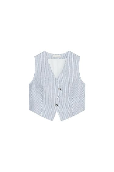 Front view of a blue and white striped waistcoat with three silver buttons.