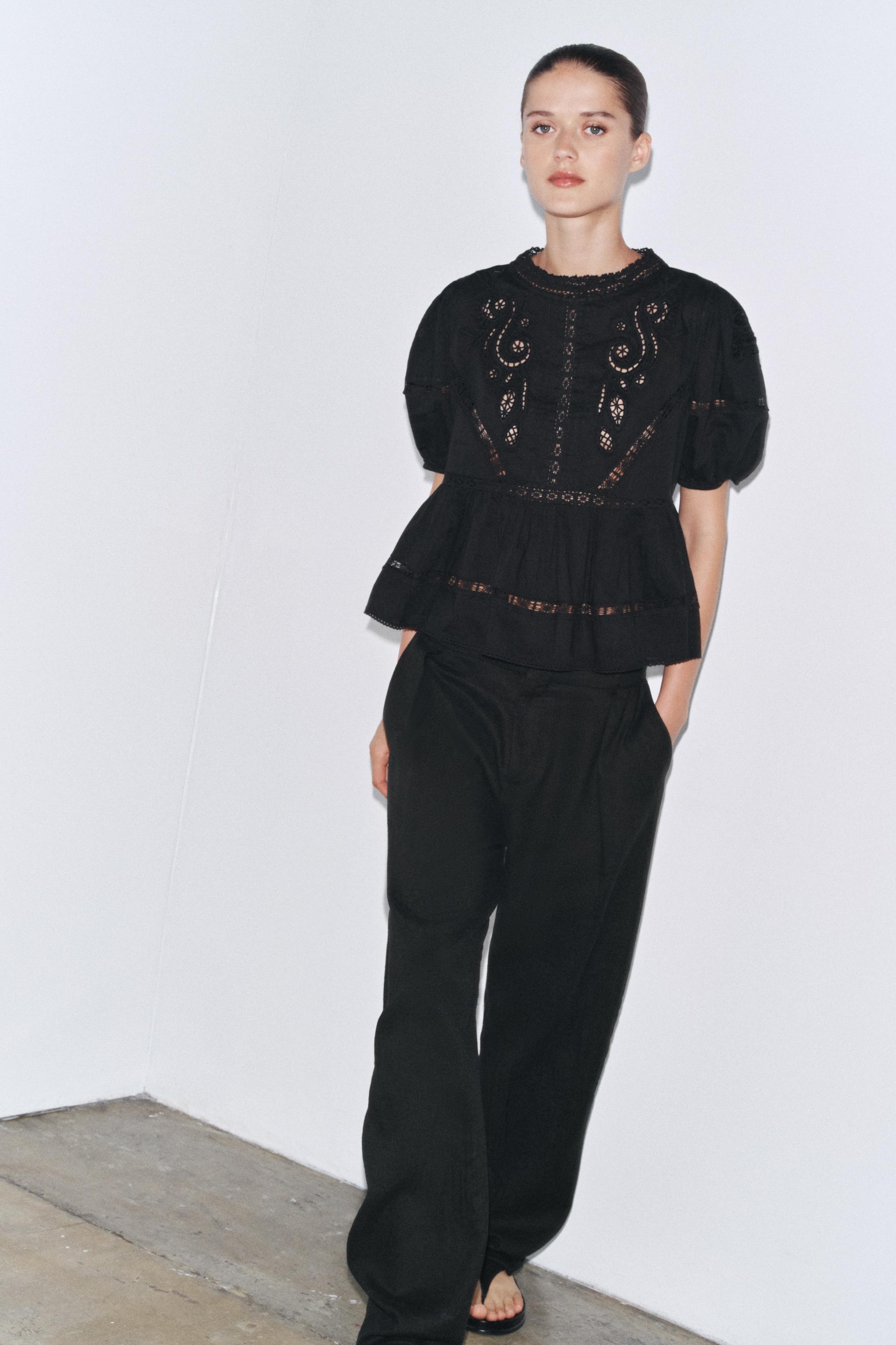 ZARA - 【タグ付き】背中レース切替長袖シアーシャツブラックの