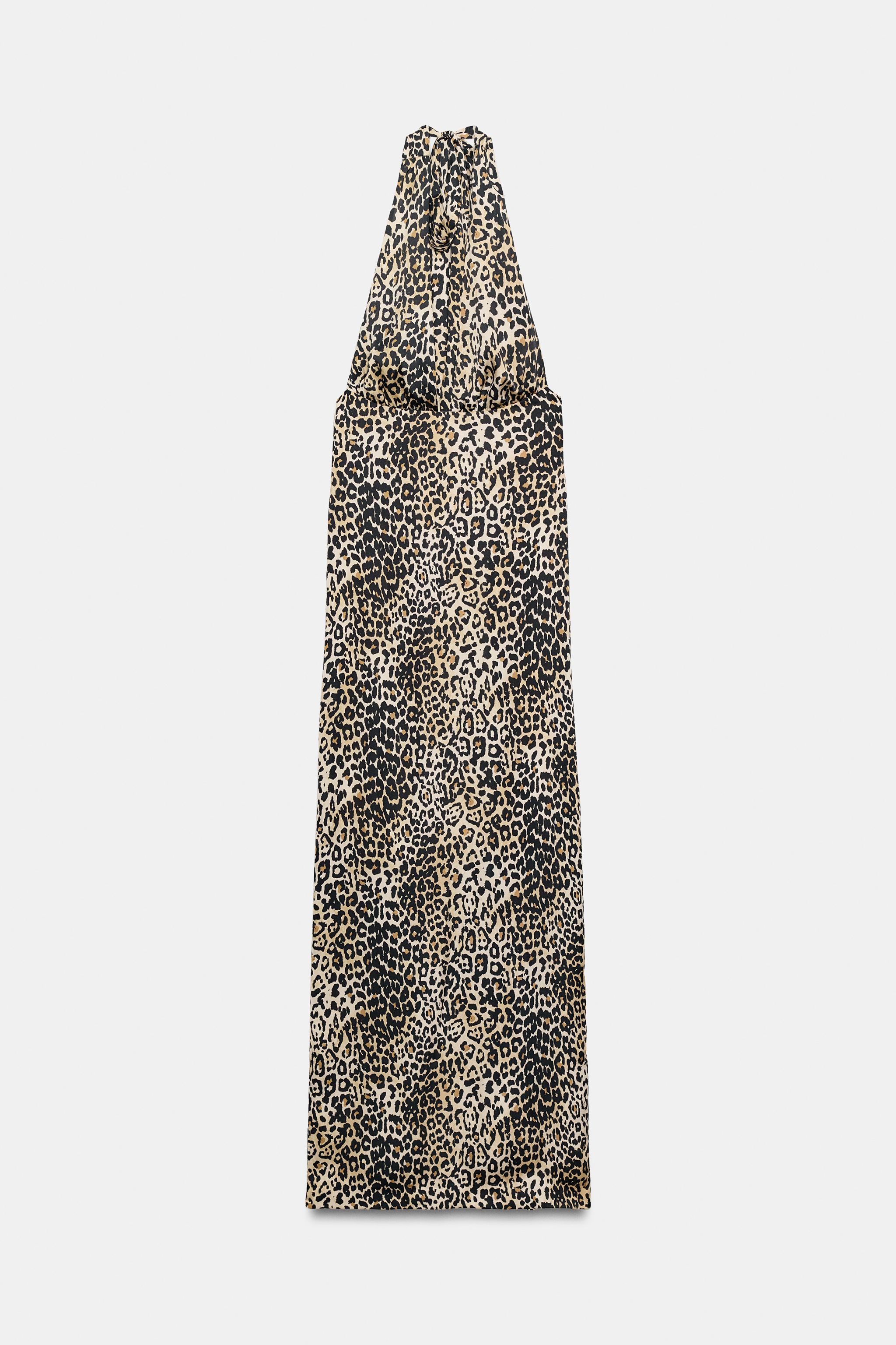 Zara Halter Yaka Leopar Desenli Saten Elbise görsel 6