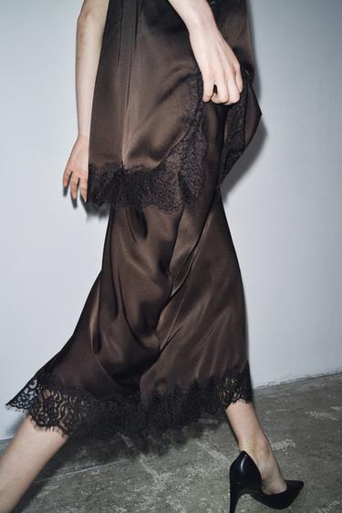 ZW COLLECTION SATIN LACE SKIRT - Dark brown by Zara