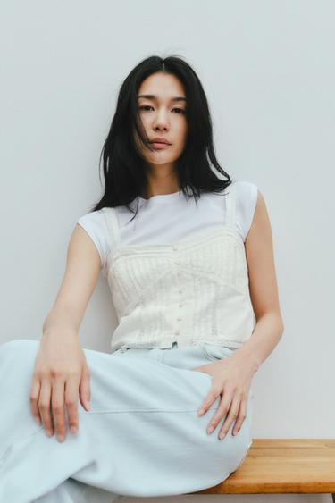 핀턱 크롭 탑 - Zara 스크래치 화이트