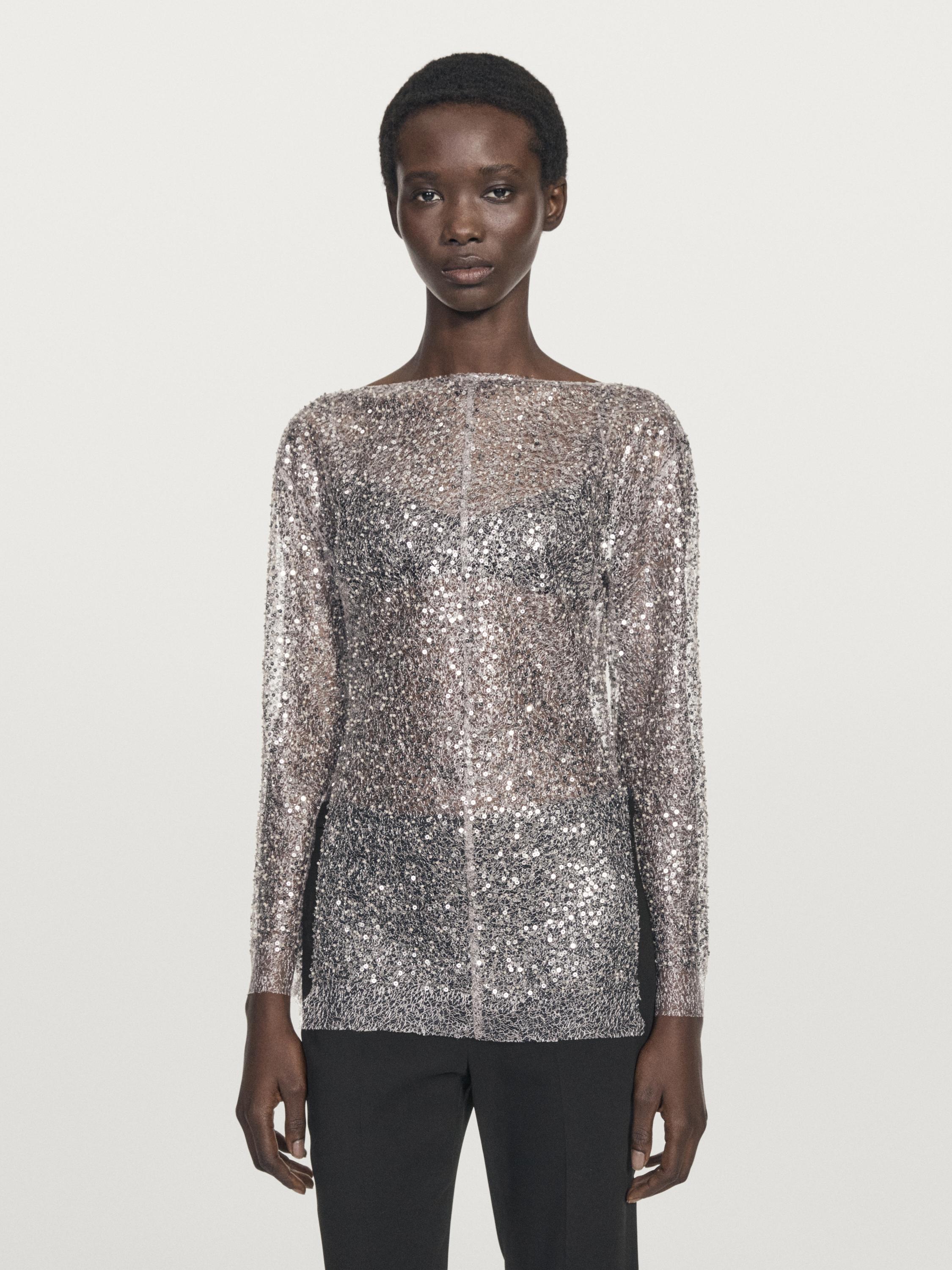 Sequinned blouse with cowl neck