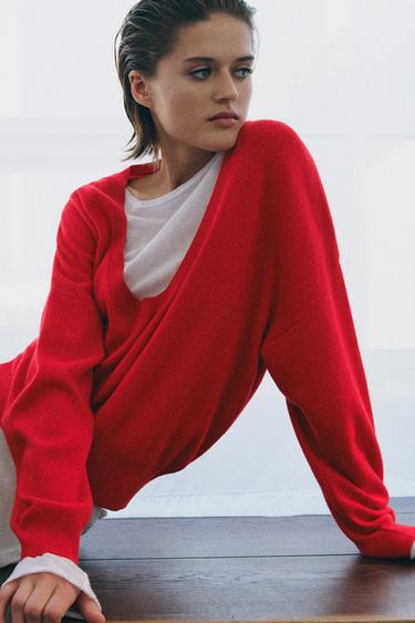 Zara DEEP V-NECK KNIT JUMPER - Red