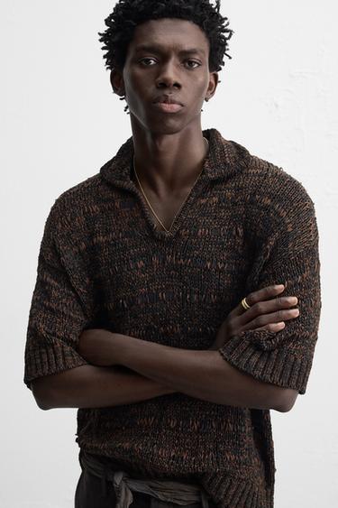 Zara KNIT POLO SHIRT WITH CONTRAST TAPE - Brown
