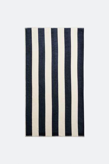 VELOUR BEACH TOWEL WITH WIDE STRIPES - Ecru / Navy by Zara