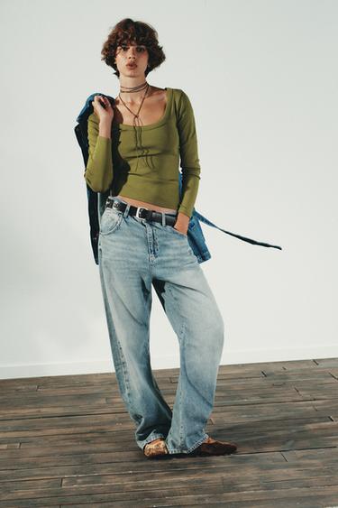 RIB LONG SLEEVE T-SHIRT - Green by Zara