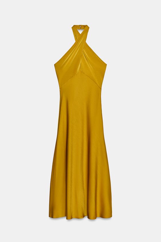ROBE MI-LONGUE HALTER SATINÉE - Moutarde de Zara - Image 5