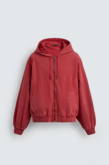Zara WASHED JACKET WITH HOODIE - Red
