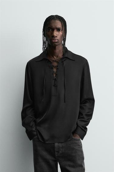 Zara DRAWSTRING FLOWY POLO SHIRT - Black