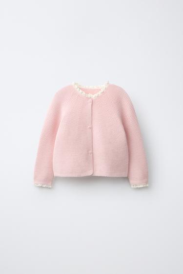 INTERLOCK KNIT CARDIGAN WITH LACE TRIM - Pastel pink by Zara