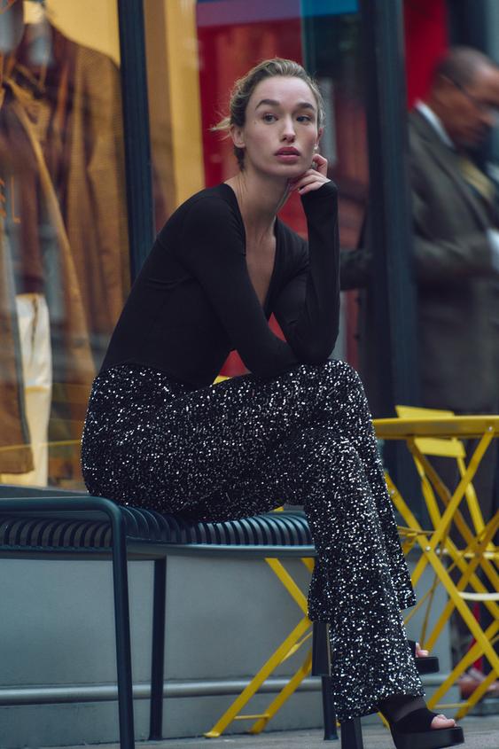 VELVET FLARED SEQUIN LEGGINGS - Black / Silver | ZARA Ireland