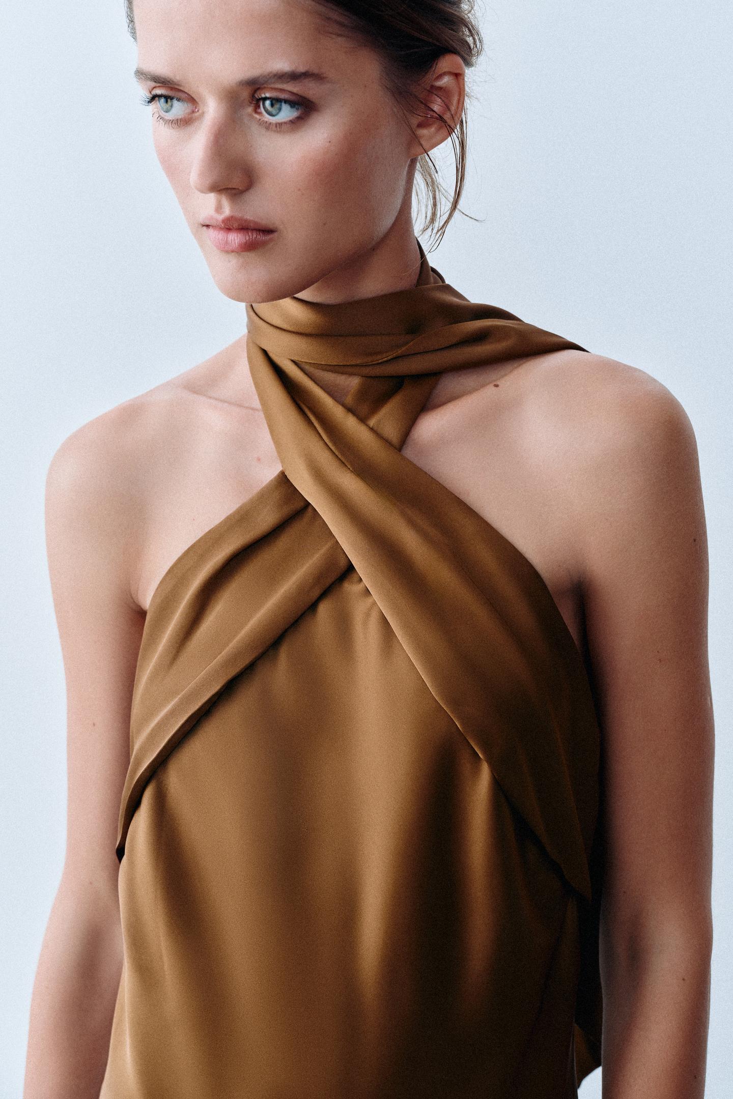 Женское платье Zara Satin Halter MIDI, цвет: Карамельный — фото 3