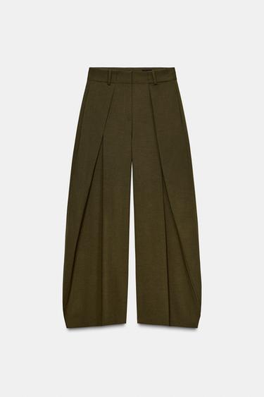 Zara ZW COLLECTION PLEATED VOLUME PANTS - Olive green