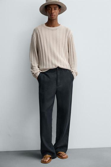 100% LINEN STRAIGHT-LEG TROUSERS - Dark navy by Zara - Image 4