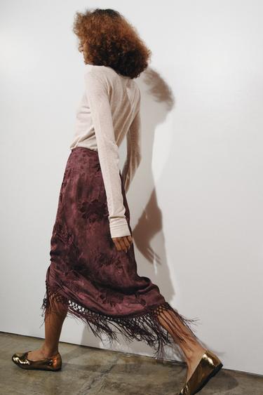 EMBROIDERED FRINGED SARONG SKIRT - Burgundy by Zara