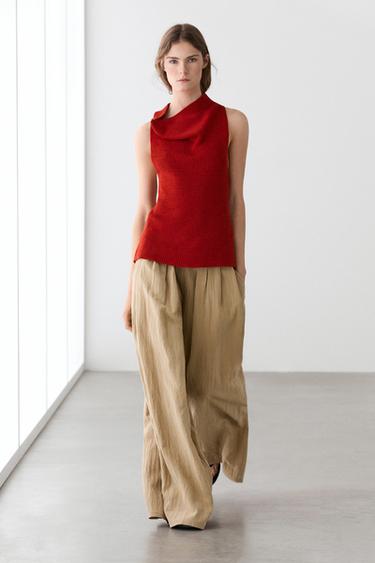 Pantalon palazzo à plis - Vison foncé de Zara - Image 0