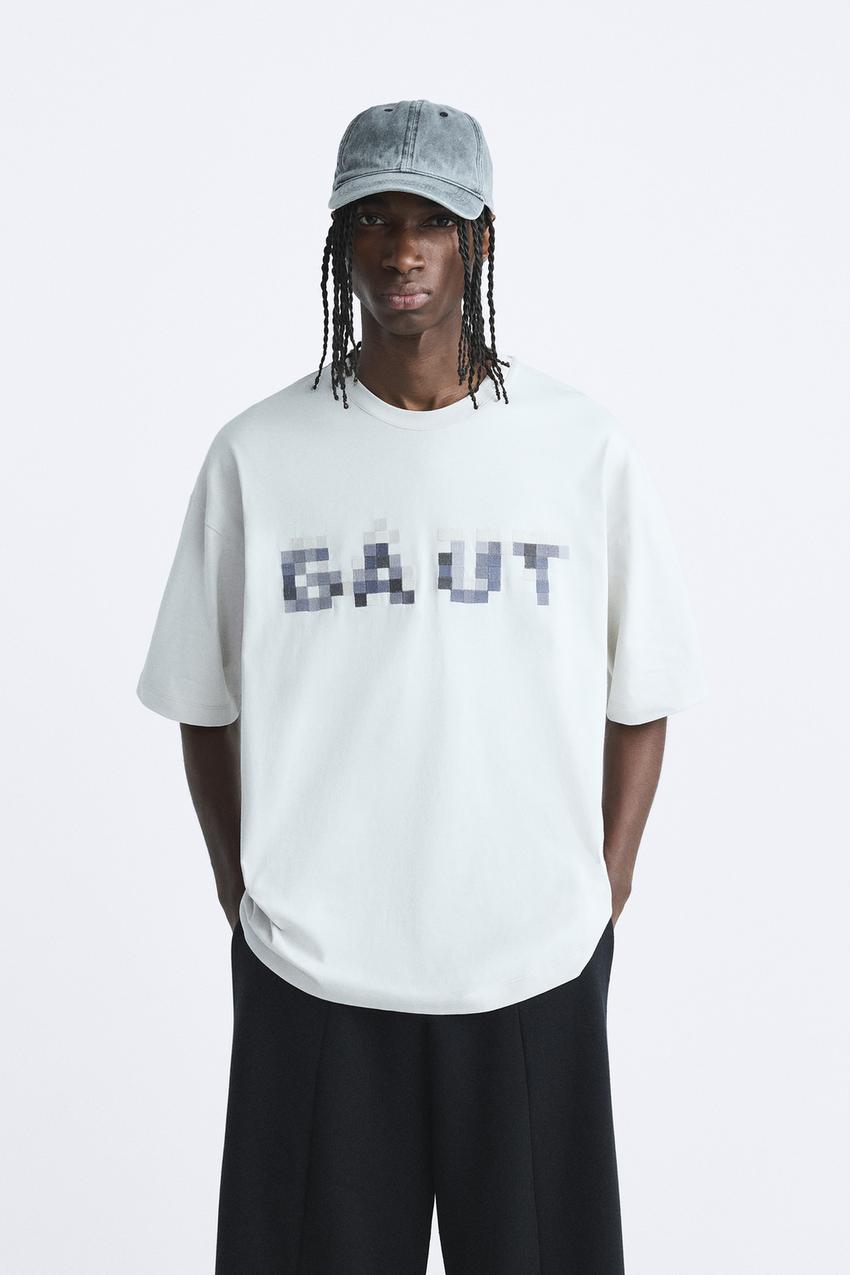 T-SHIRT WITH EMBROIDERED SLOGAN - Pearl grey