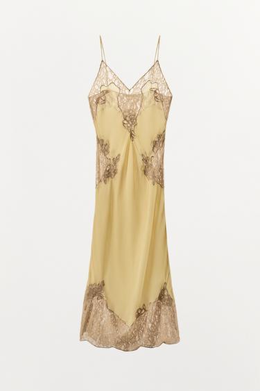 ROBE EN GEORGETTE ET DENTELLE - Jaune clair de Zara - Image 5