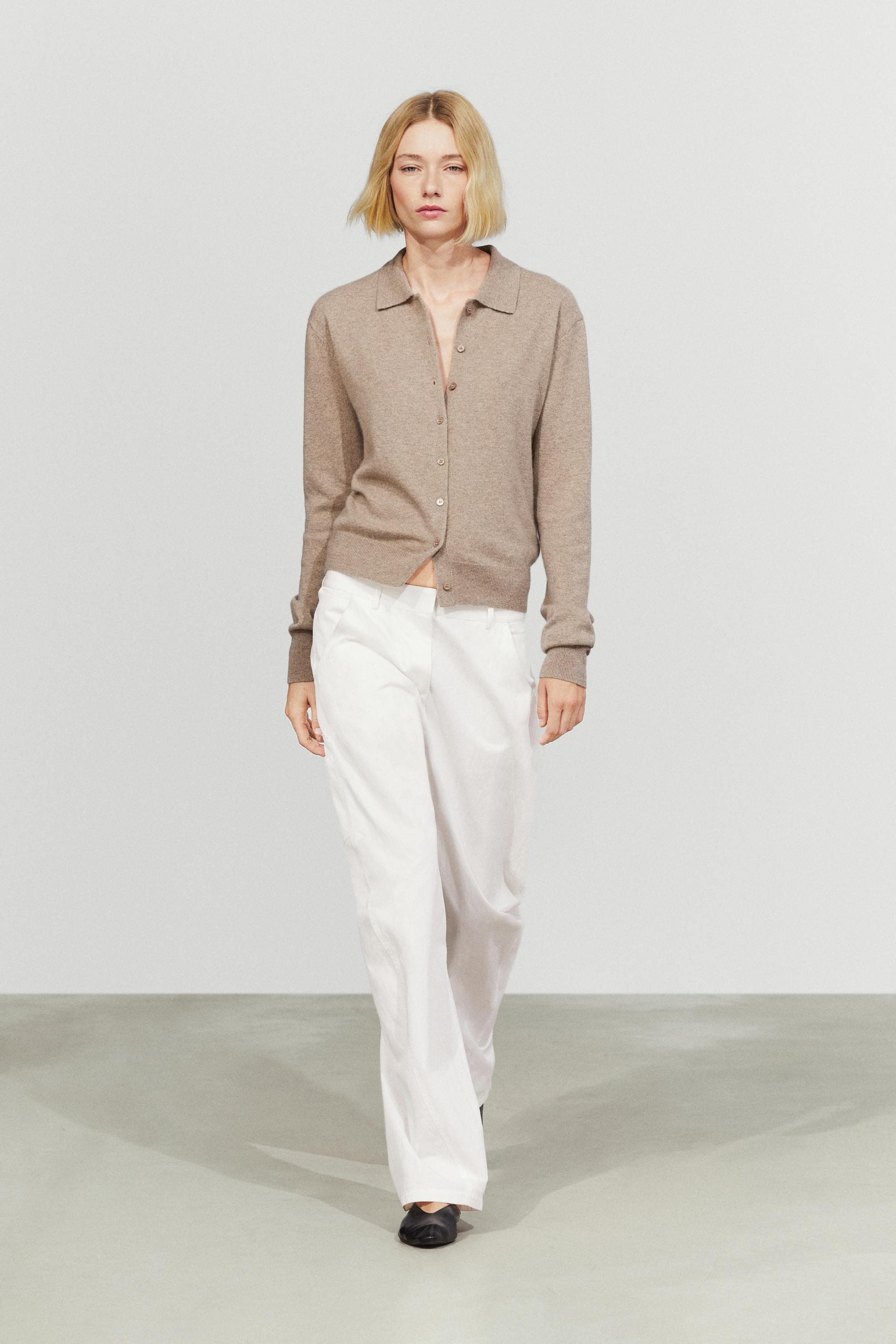 100% cashmere knit polo collar cardigan — Mink