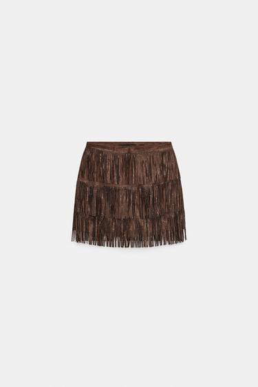 Zara SHIMMERING FAUX SUEDE FRINGE SKIRT - Brown