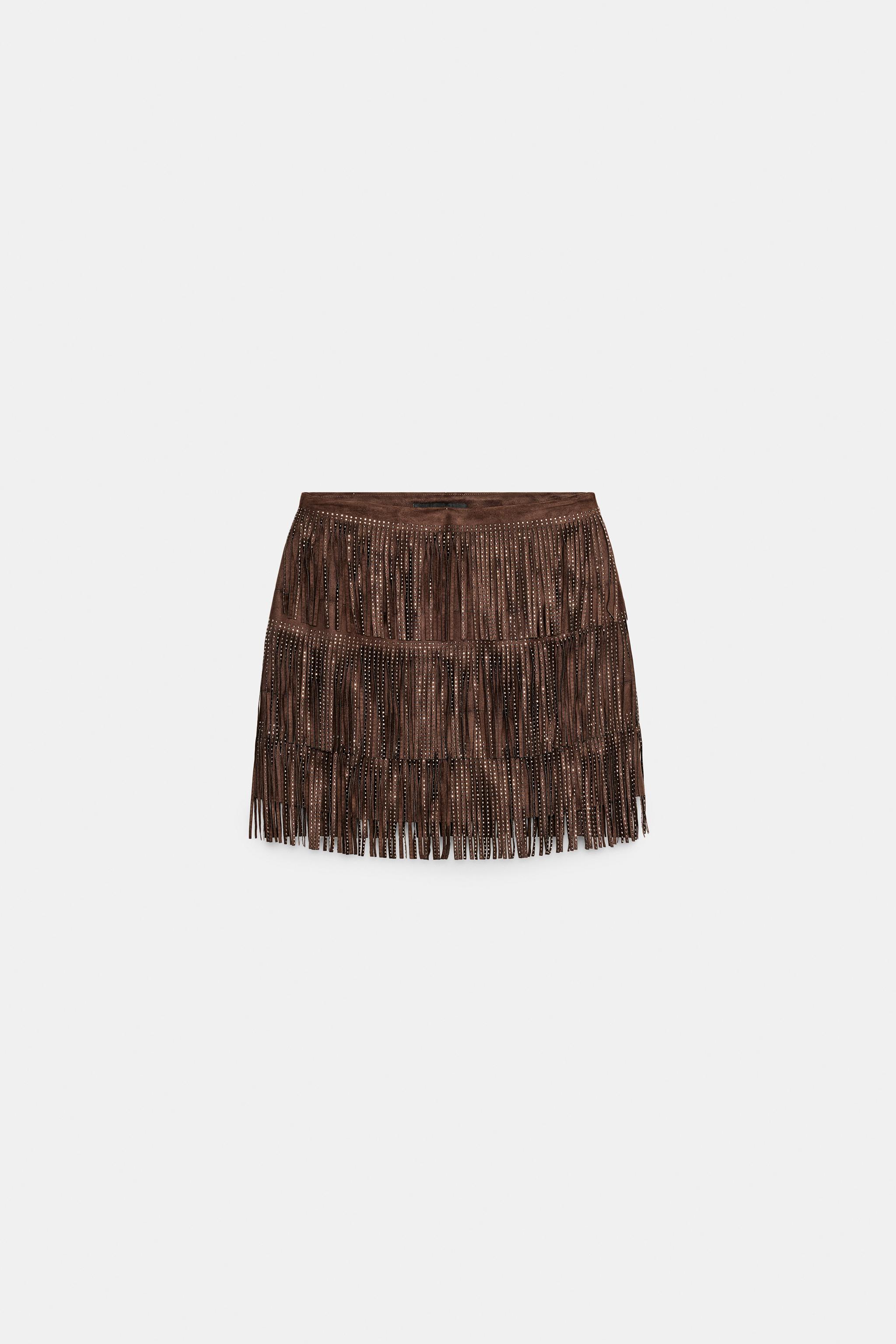 SHIMMERING FAUX SUEDE FRINGE SKIRT
